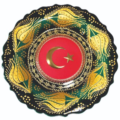 Çini Türk Bayrağı Armalı Altın Yaldız Tabak 25cm